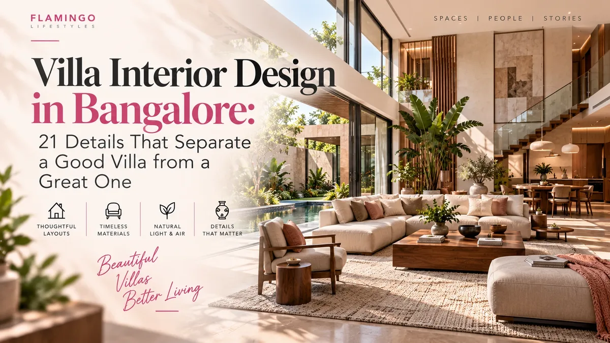 Warm-wood villa living space with cove-lit ceiling and layered textiles — the kind of Bengaluru interior that emerges from Flamingo's AI-concepted, human-engineered workflow — Flamingo Lifestyles